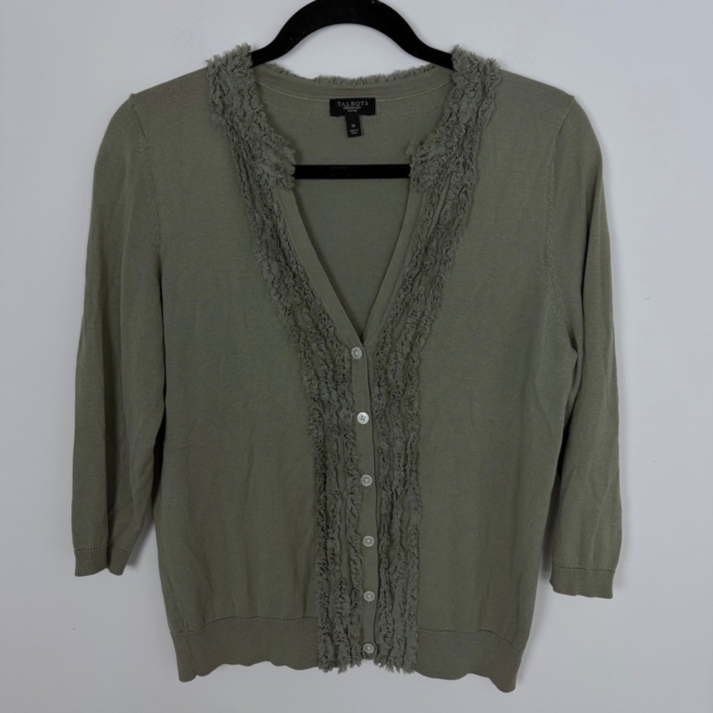 Talbots Button Front Cardigan Silk Blend Green Ruffle Neckline Medium Petite